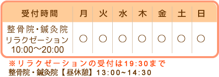 土日も営業、整骨院・鍼灸院10:00~13:00/14:30~20:00、リラクゼーション10:00~19:30